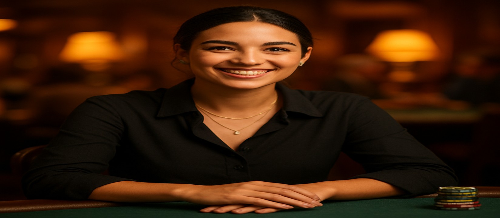 একটি হাসিখুশি নারী ডিলার ab999 প্ল্যাটফর্মে একটি কার্ড টেবিলে বসে, সামনে খেলার চিপ ও কার্ড রয়েছে, এবং তিনি বিস্তৃত খেলার নির্বাচনের প্রস্তাব দেন।