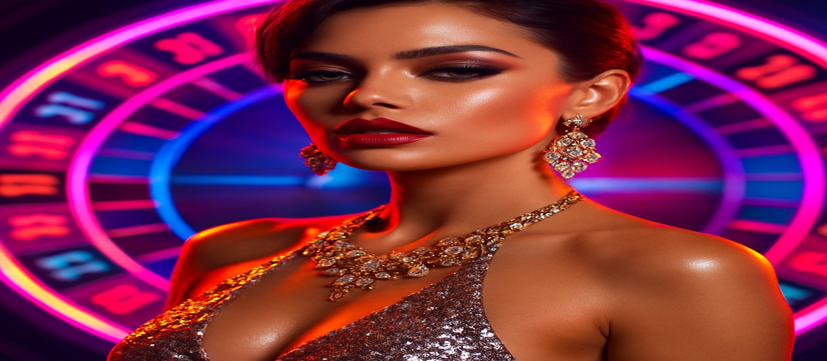 চাকার সামনে উজ্জ্বল পোশাকে একজন নারী, একটি রঙিন গেমিং প্ল্যাটফর্ম