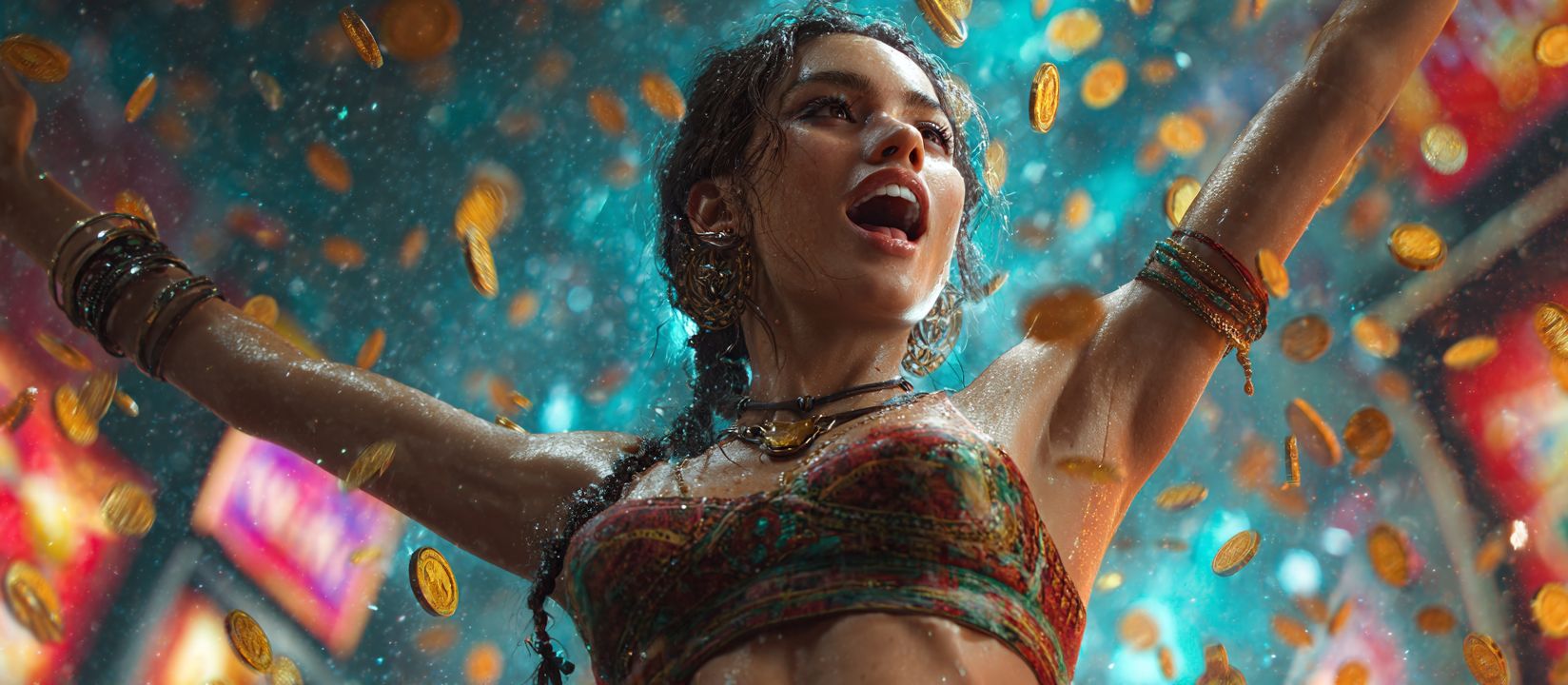 মুদ্রার ঝরনার মাঝে রঙিন পোশাকে একজন নারী